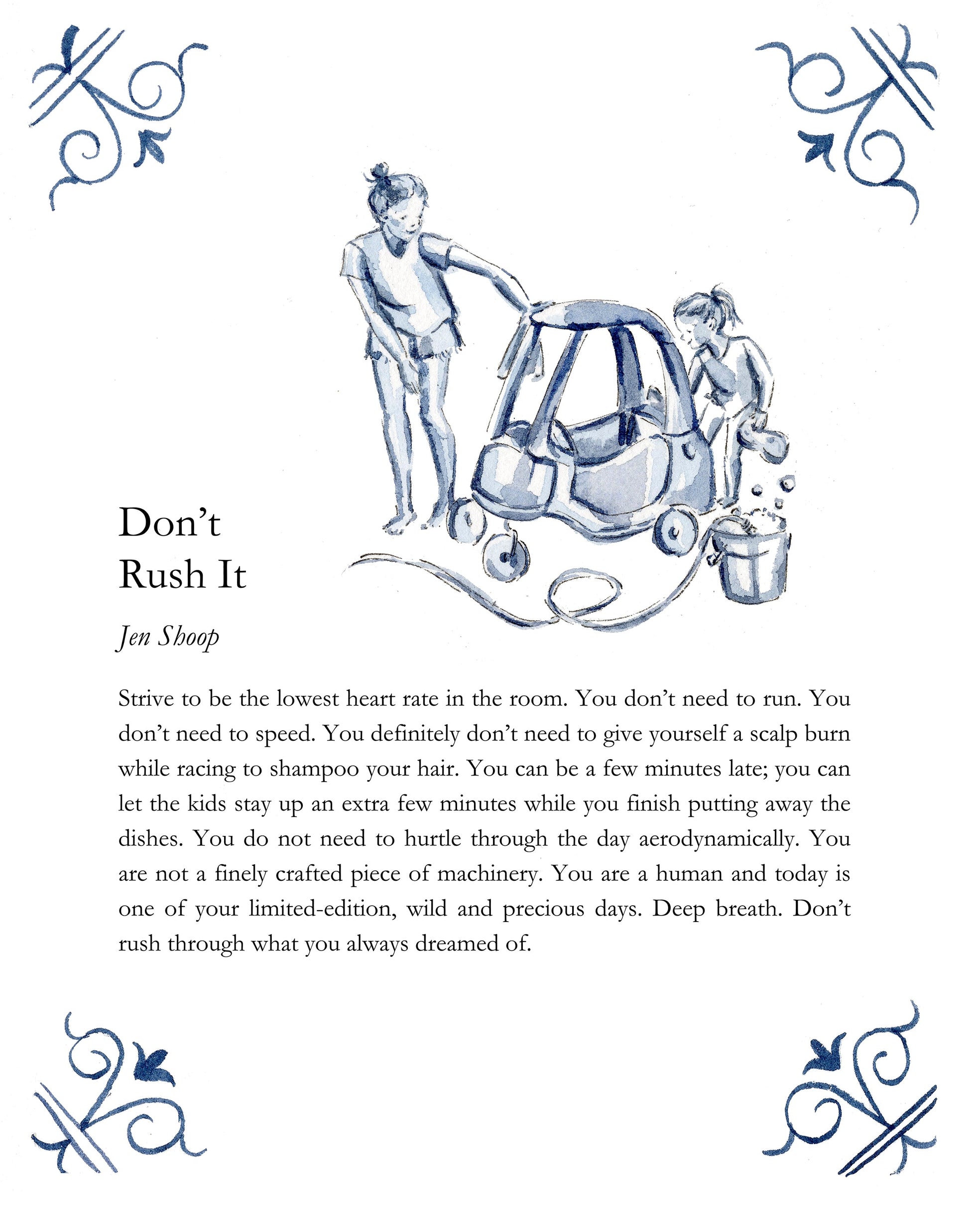 Blue-and-white illustration of mother and children washing a toy car with ‘Don’t Rush It’ prose by Jen Shoop.