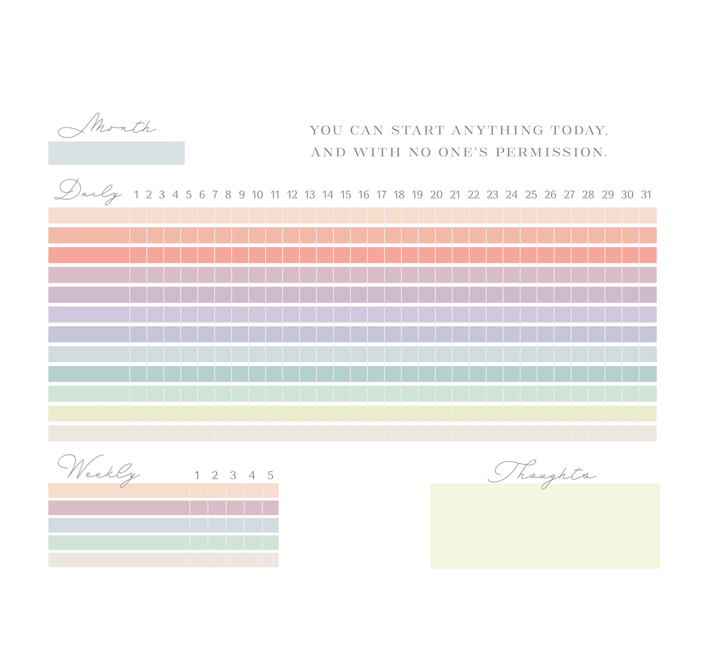 Magpie x Mamey habit tracker with rainbow grid design and quote “You can start anything today, and with no one’s permission”