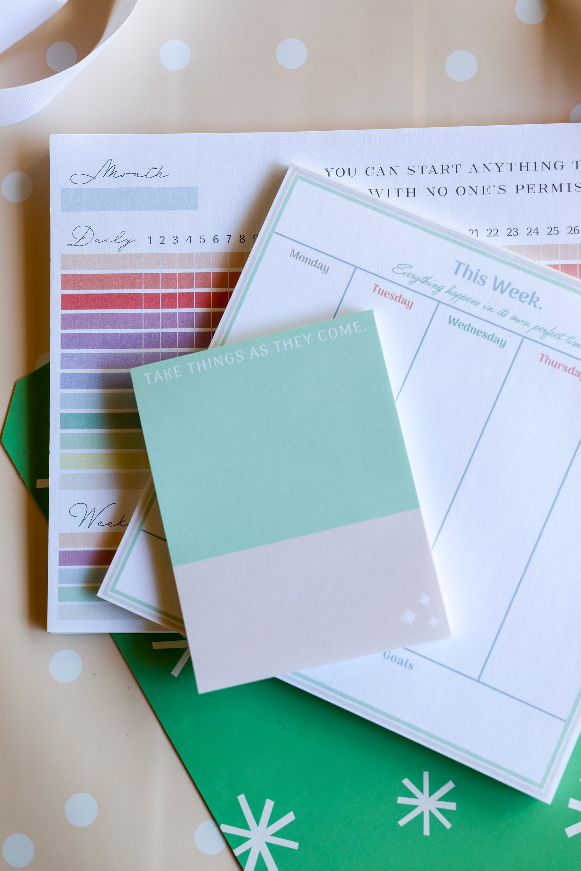 Styled overhead photo of The Productivity Trio stationery set for organization and goal-setting.