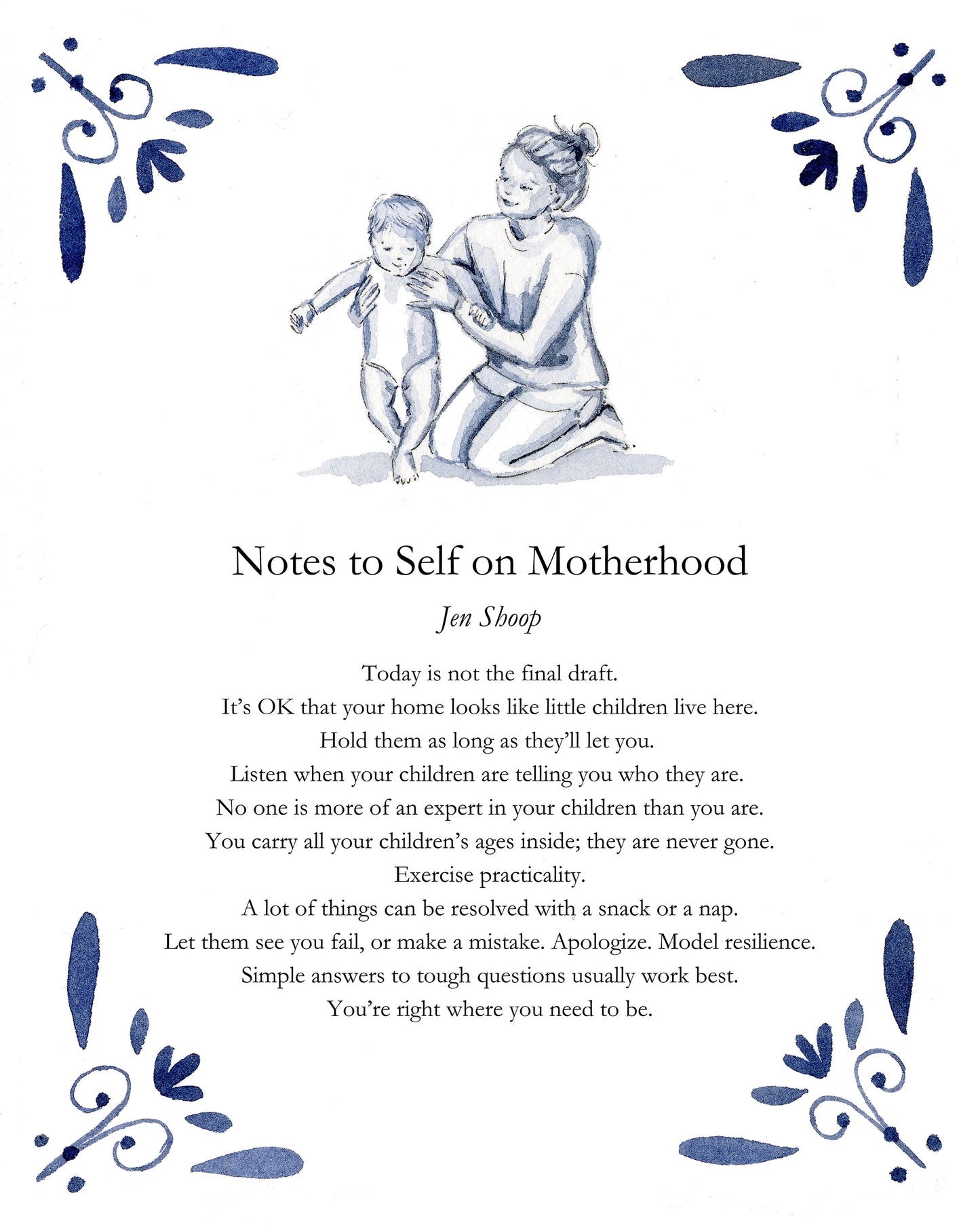 Blue-and-white illustration of mother with toddler and ‘Notes to Self on Motherhood’ prose by Jen Shoop.