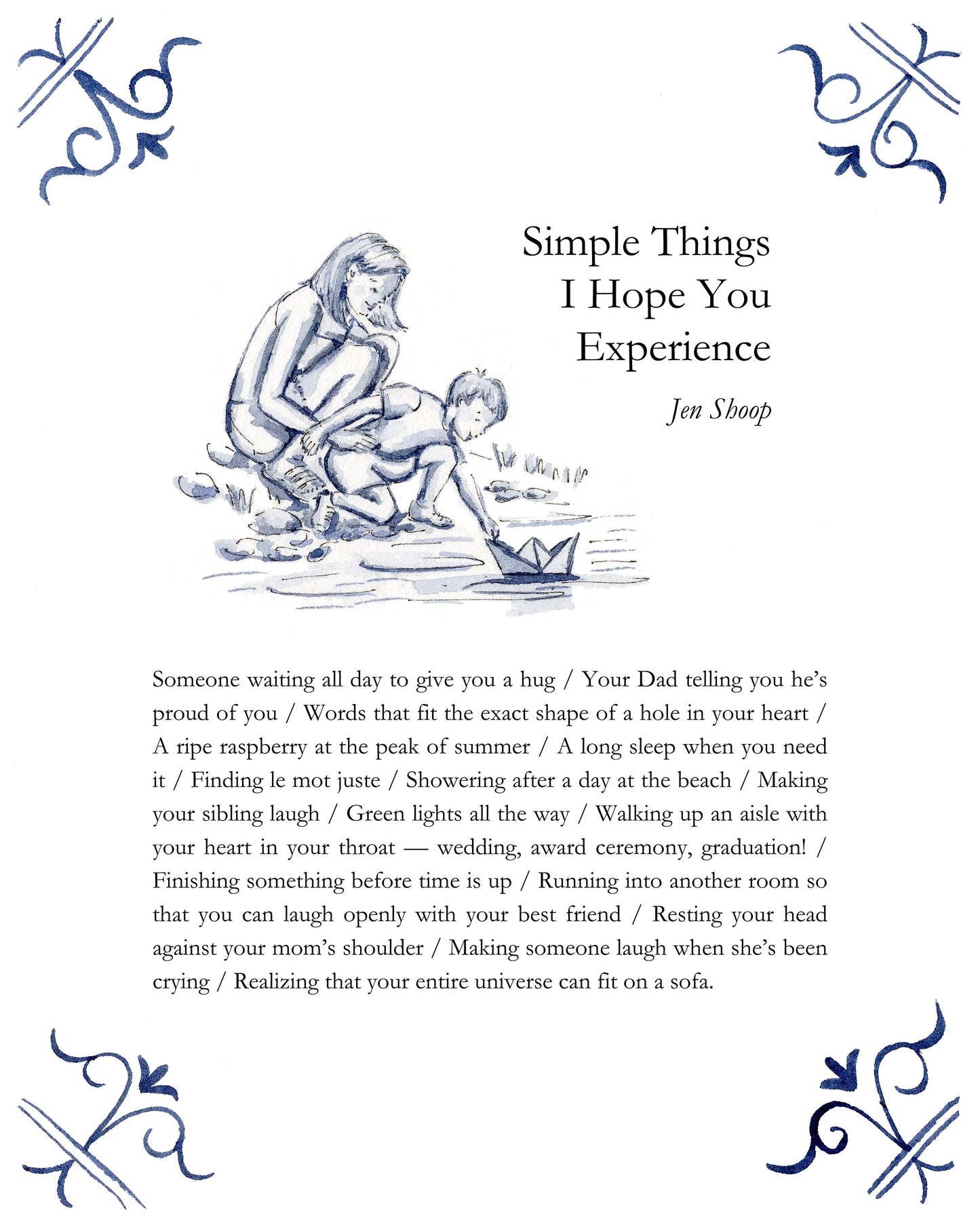 Blue-and-white art print by Riley Sheehey with Jen Shoop prose text, mother and child launching a paper boat, decorative corner flourishes.